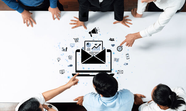 A concept of a digital marketing campaign delivered via email. This outreach contains business analytics and is designed to drive advertising, e-commerce sales, and customer targeting. Fermion