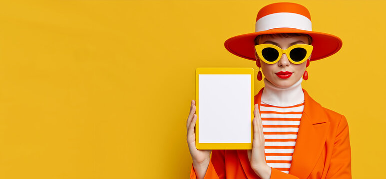 Stylish woman holding blank white tablet screen. Female model in orange blazer and hat showing digital pad display on yellow background. Color block fashion mockup