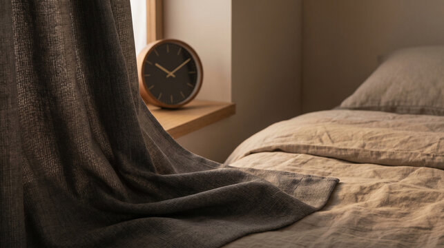 Blackout Curtain Fabric Close-Up With Analog Clock in Serene Bedroom