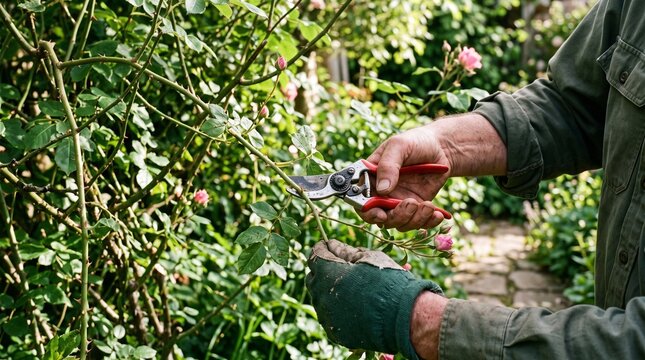 Gardener Pruning Rose Bush with Secateurs in a Sunny Garden