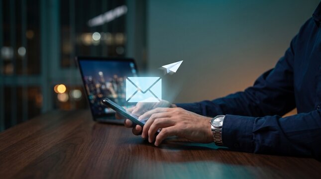 Email Marketing Message Sent Hologram Paper Airplane Smartphone Man Holding Phone Laptop Office