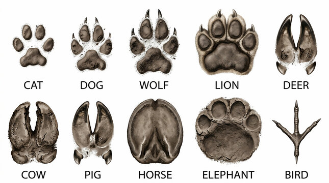 Set of various animal footprints and tracks isolated on a white background.