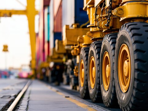 Rubber tyre bogies and lower leg of a gantry crane near container row in bright daylight
