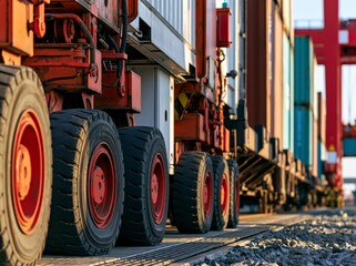 Obraz premium Rubber tyre bogies and lower leg of crane in a container yard during bright daylight