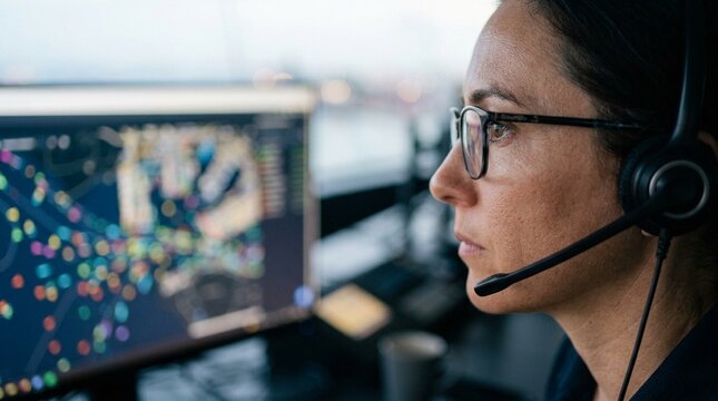 Control tower analyst monitoring a live tracking dashboard showing a fleet of vessels approaching a busy port