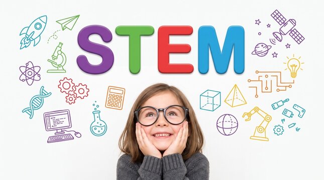 Education: Excited child imagines a future in STEM through colorful science and technology concepts