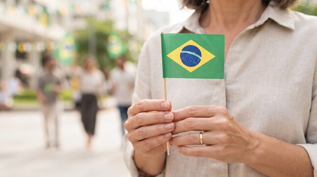 Close-up de m&atilde;os segurando pequena bandeira brasileira em ambiente moderno com fundo desfocado, conceito elegante para campanhas da Independ&ecirc;ncia do Brasil