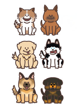 Cute big dog breeds doodle set, Thai Ridgeback, Bangkaew, Golden Retriever, Husky, Alsatian, Rottweiler illustration
