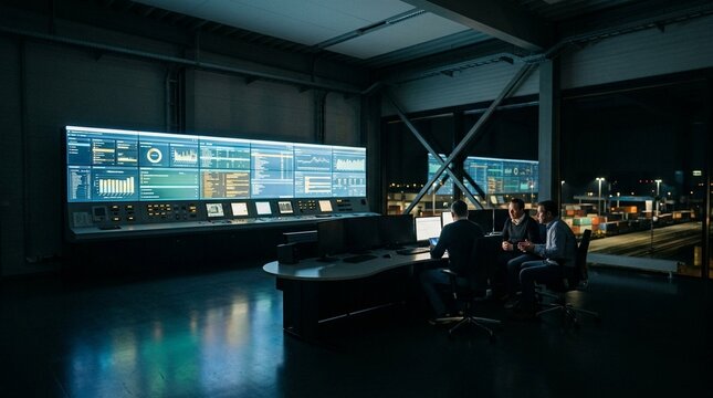 Wide establishing shot of an evening control tower with a glowing tracking dashboard as the primary light source