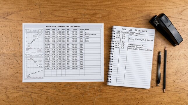 Control tower dashboard printout a stapler and a shift log on a desk