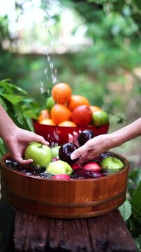 Hand Washing Fresh Apples, Starfruit and Mixed Tropical Fruits in Clean Water