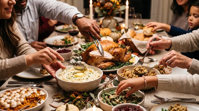 Family enjoying a traditional Thanksgiving dinner with roasted turkey and side dishes
