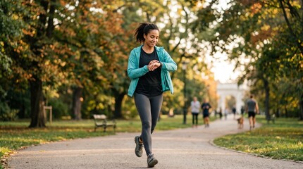 Obraz premium Woman checking smartwatch while jogging in park during autumn season