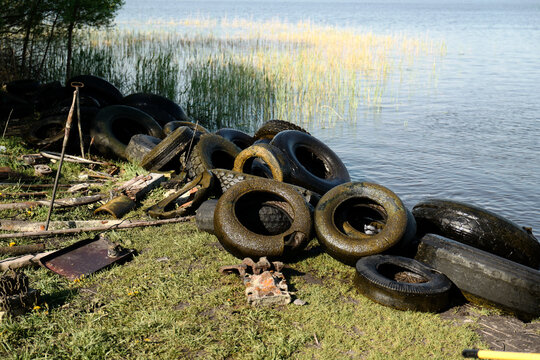 View of discarded tires piled on the grassy shore of Rekyva Lake with reeds growing in the water in Siauliai, Siauliai County, Lithuania.