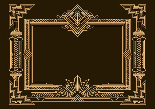 Elegant Art Deco Ornate Decorative Border Frame with Geometric Gold Lines and Vintage 1920s Gatsby Style Ornamental Design Elements