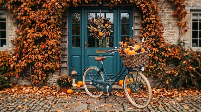 Rustic autumn house entrance with blue door, vintage bicycle with pumpkin basket, fall wreath and orange foliage on stone cottage wall