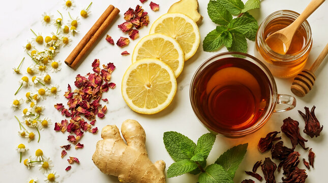 Fresh & healthy herbal tea ingredient arranged in a clean  composition including fresh sliced lemon, ginger, mint leaves, cinnamon stick, dried rose petals and a cup of warm tea on a light background.