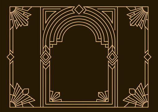 Elegant Art Deco Decorative Frame with Geometric Arch Design and Golden Linear Patterns for Vintage Stationery and Luxury Invitation Borders