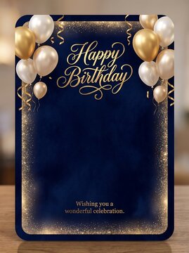 Elegant dark blue birthday greeting card with golden balloons, glitter and glowing frame