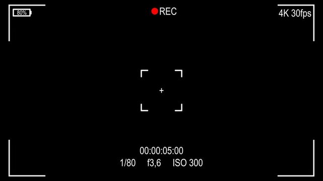 Camera recording screen overlay with alpha channel. Dslr camera frame viewfinder, screen of video recorder digital display with multiple settings and timer. 4K camcorder interface for video cameras.
