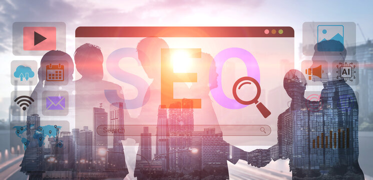 A vivid illustration of business collaboration incorporating SEO concepts, highlighting digital strategies against an urban backdrop for innovative growth and partnerships. Ledger
