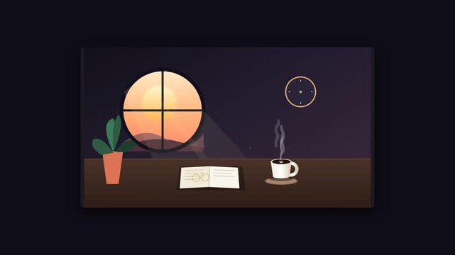 Cozy workspace desk with open book and steaming coffee cup in front of a round window at sunset