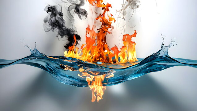 Fire, Water and Smoke together. Concept of contrast.