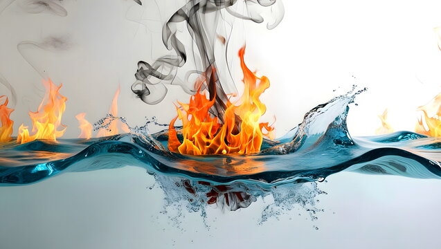 Fire, Water and Smoke together. Concept of contrast.