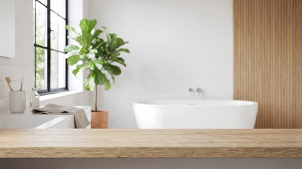 Fototapeta premium Modern minimalist bathroom with a freestanding bathtub, large window, and potted fiddle leaf fig plant.
