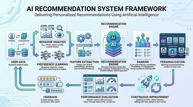 AI Recommendation System Framework, Delivering Personalized Recommendations Using Artificial Intelligence, Machine Learning Algorithms, User Behavior Analysis, Data Science Concepts