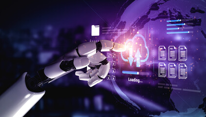 Fototapeta premium A robotic hand interacts with a sleek digital cloud interface, illustrating advanced technology and the seamless loading of data in a modern computing landscape. Ledger