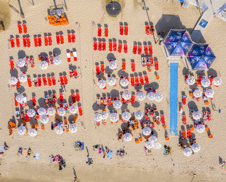 Aerial view of Tel Aviv Beach with rows of sun loungers and umbrellas on the sand in Tel Aviv-Yafo, Tel Aviv District, Israel.