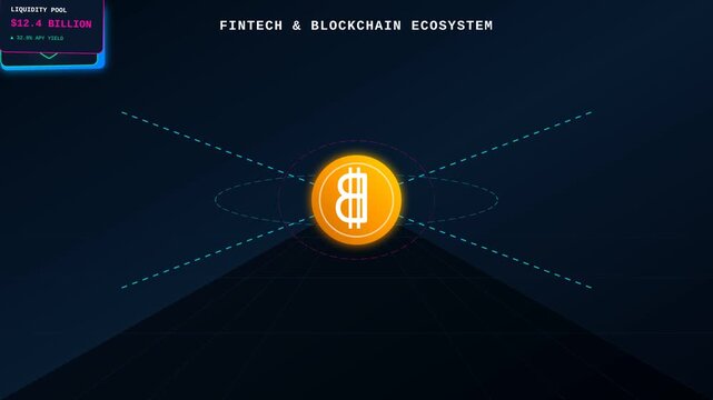 Digital Cryptocurrency Bitcoin Icon Rotating in a Futuristic Fintech and Blockchain Ecosystem Graphic