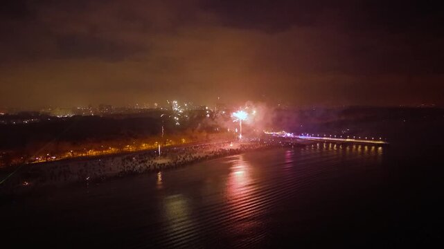 New Years fireworks display on the beach in Gdansk Brzezno, Poland