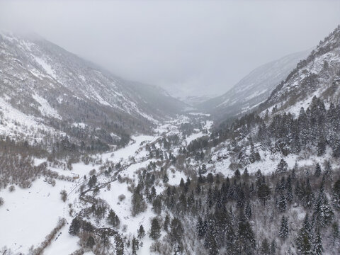 Aerial view of the snow-covered Val d'Aran valley in the Pyrenees, featuring dense pine forests, rugged slopes, and a cloudy winter sky in Val d'Aran, Catalonia, Spain.