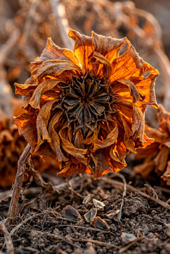 Withered marigold flower and curled leaves on soil symbolizing mortality and remembrance for Day of the Dead