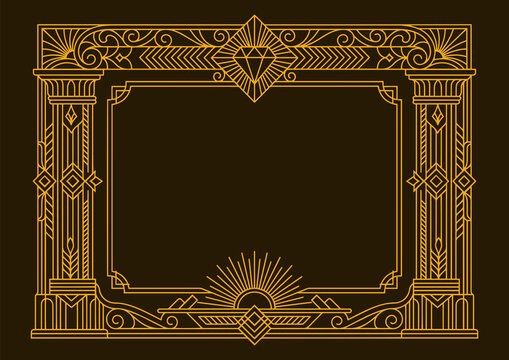Elegant Art Deco Decorative Rectangular Frame Featuring Ornate Geometric Lines and Vintage Pillars