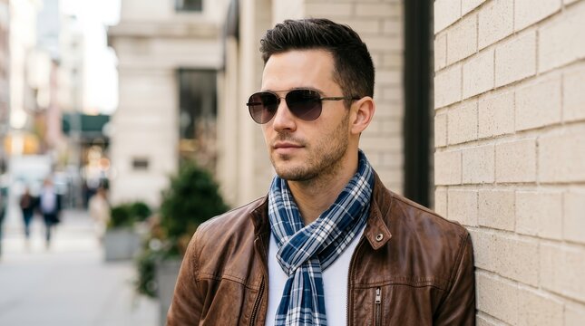 Attractive man wearing tinted sunglasses in an urban setting