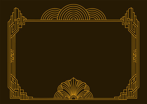 Elegant Art Deco Style Decorative Border Frame with Gold Geometric Ornate Patterns on a Rich Dark Brown Background