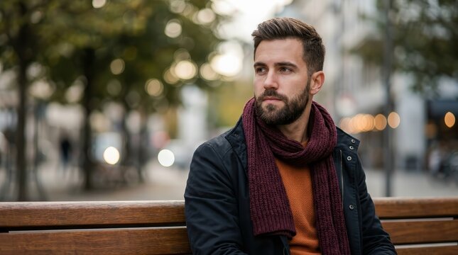 Thoughtful young man sitting on an urban bench in the city.