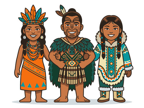 Diversity of indigenous people in traditional clothing cartoon