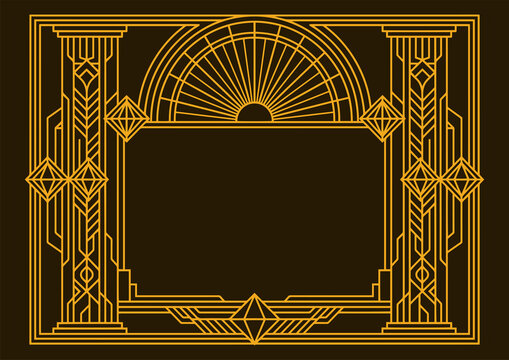 Elegant Art Deco Style Golden Decorative Border Frame with Geometric Sunburst and Architectural Column Elements