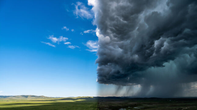 Contrasting Weather Landscape Divided into Sunny Sky and Heavy Rainstorm