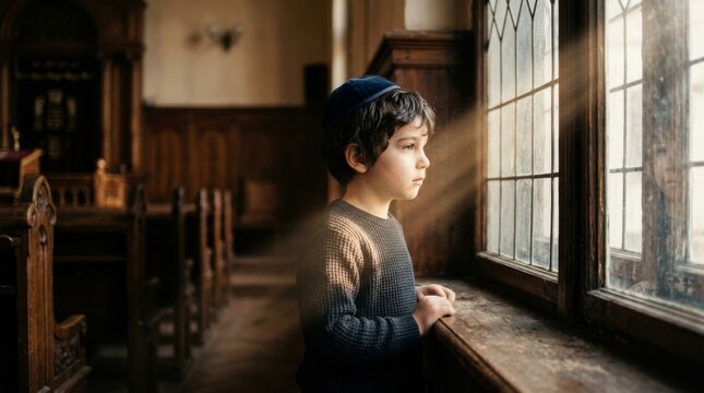 Thoughtful young boy in yarmulke looking out a sunlit window in an old synagogue