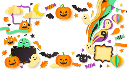 Fototapeta premium A festive halloween frame featuring cute pumpkins bats ghosts and a witch cauldron with plenty of space for your text