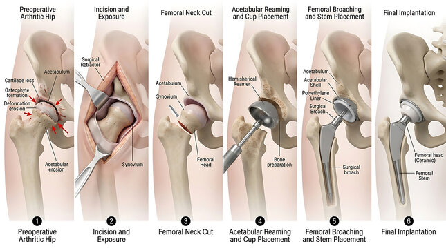 Six-Step Total Hip Arthroplasty Procedure: Arthritic Hip to Acetabular Reaming to Femoral Broaching to Prosthetic Implantation