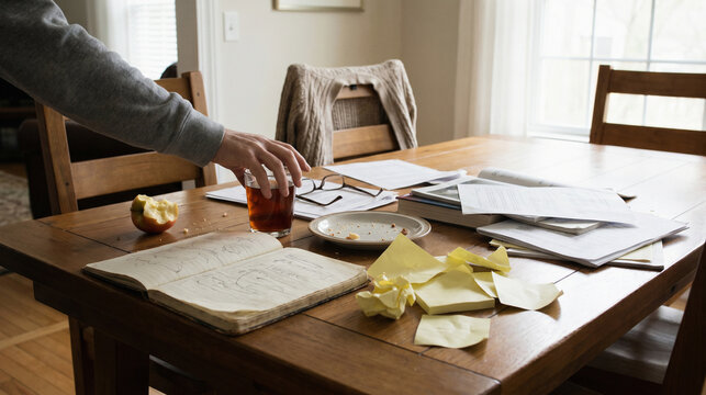 Home Office Moment Paused With Notes, Tea, and Incomplete Presence