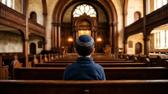 Young jewish boy in yarmulke looking at the ark in a synagogue. Child sitting in a prayer hall.