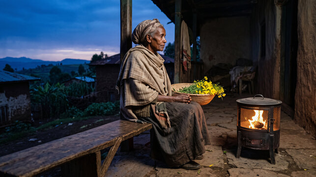 Ethiopian Elder Resting by Meskel Flowers in Evening Light