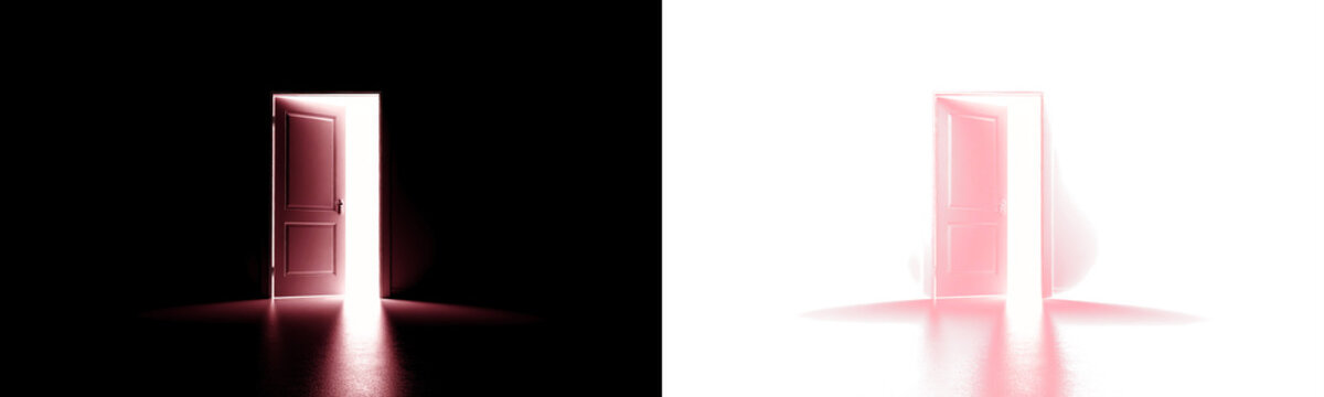 Mysterious open door emitting bright red light in a dark room. High quality PNG element with transparent background for design projects and conceptual overlays.